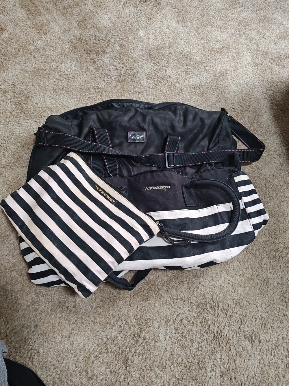 Victoria's Secret Black and White Striped Tote with Matching Pouch